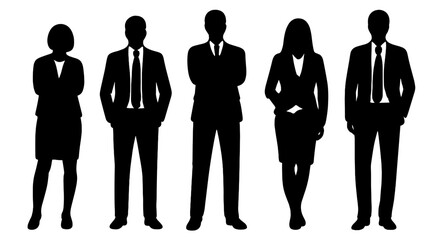 Set of business people silhouettes men and women in formal suits standing in different poses black vector collection representing corporate teamwork leadership and office professionalism
