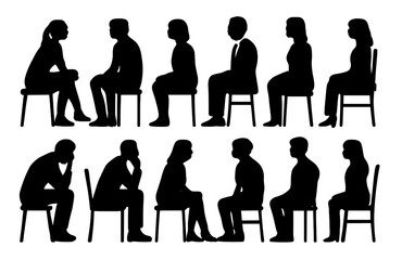Set of men and women silhouettes sitting on chairs in different poses side view black vector collection representing conversation waiting interview and rest concepts
