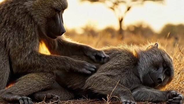 monkey day baboons grooming relaxation wildlife africa sunset