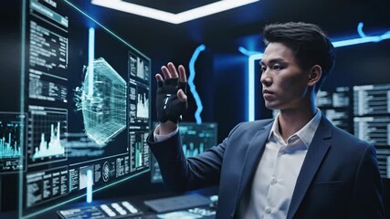 Asian Man Interacting with Digital Interface - A young Asian man in a suit and digital gloves interacts with a large screen displaying complex data visualizations, graphs and charts. - Powered by Adobe