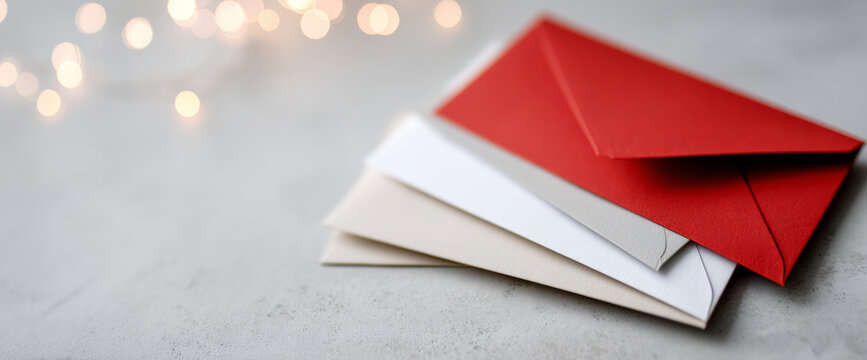 Stack of colorful envelopes on a gray surface with soft bokeh lights in the background, symbolizing communication and festive correspondence - Powered by Adobe