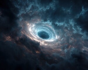 Dynamic abstract cosmic vortex with swirling light in a dark space nebula.