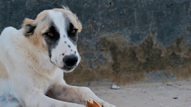 Closeup of a Turkmen Alabai dog eating in slow motion