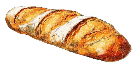 Crispy golden French baguette, traditional baked goods, isolated white background.
