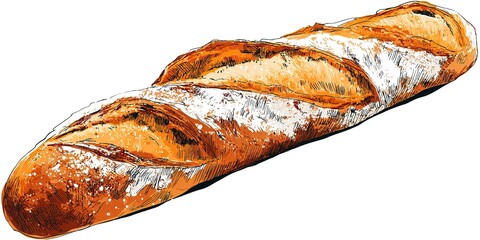 Appetizing hand-drawn baguette with golden crust and flour dusting.