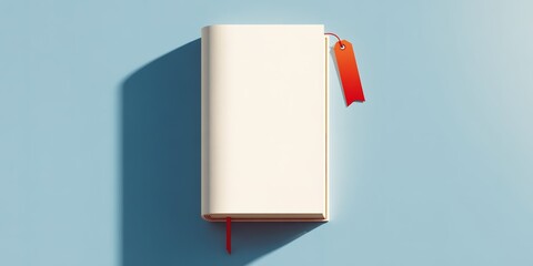 Minimalist flat lay of a blank, cream-colored book with red ribbon on blue surface.