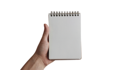 hand holding notebook with blank white pages . Isolated on transparent background, png	