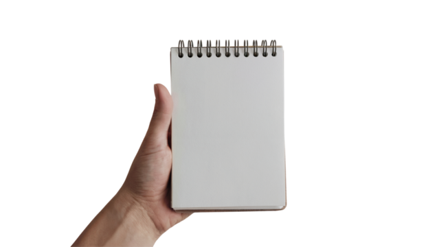 hand holding notebook with blank white pages . Isolated on transparent background, png