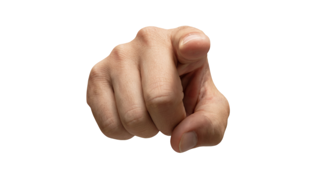 hand pointing directly at viewer. Isolated on transparent background, png	
