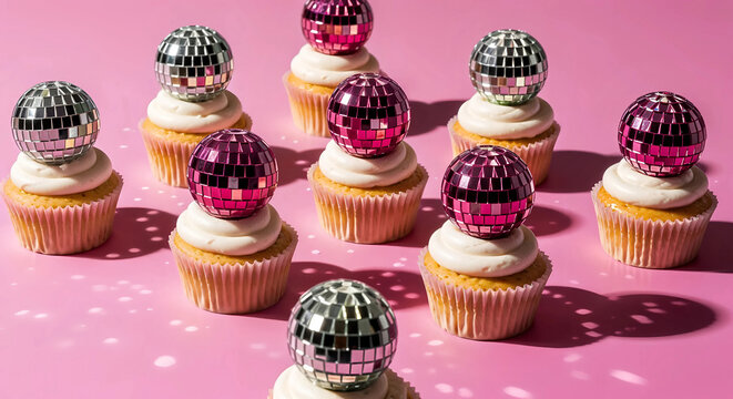 Cupcakes topped with disco balls arranged on a pink background, party theme