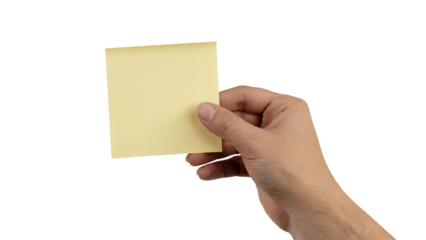 hand holding yellow sticky note. Isolated on transparent background, png	