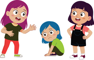 Cartoon illustration of three girls showing friendship and empathy, one comforting sad friend, emotional support, children kindness and compassion concept