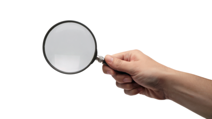  man holding a magnifying glass in his hand . Isolated on transparent background, png	