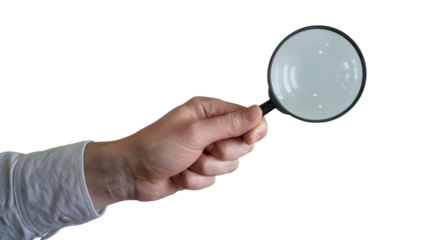  hand holding magnifying glass for investigation. Isolated on transparent background, png	