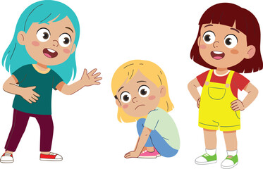 Cartoon illustration of three girls showing friendship and empathy, one comforting sad friend, emotional support, children kindness and compassion concept
