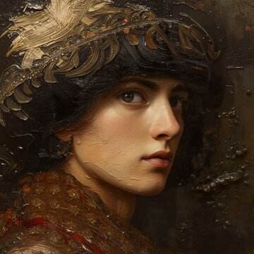 A realistic portrait of a young woman painted in Renaissance style with soft lighting.