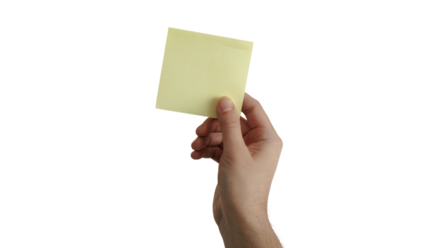 Hand holding a yellow sticky note, close-up shot . Isolated on transparent background, png - Powered by Adobe