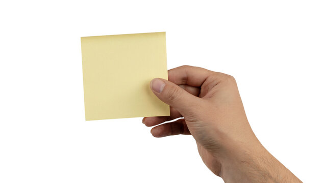 hand holding yellow sticky note. Isolated on transparent background, png