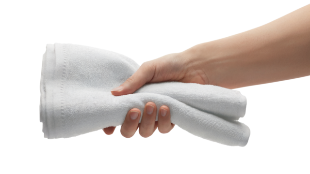 Hand holding clean folded towel. Isolated on transparent background, png	