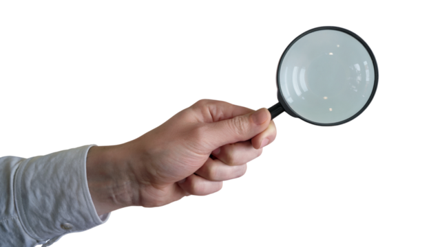  hand holding magnifying glass for investigation. Isolated on transparent background, png	