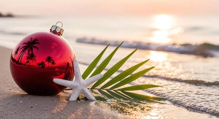 Red christmas ornament with starfish and palm leaf on beach at sunset