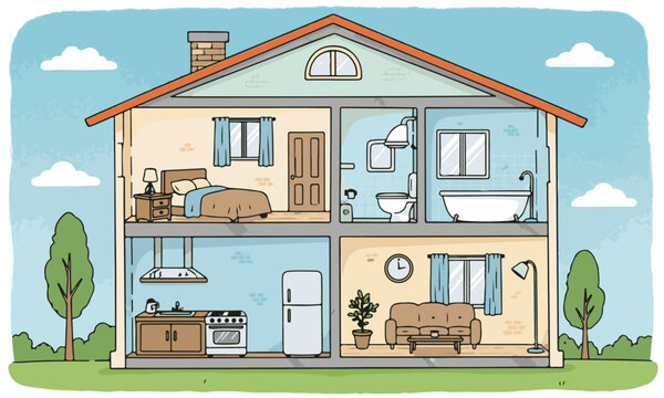 Detailed Hand-Drawn Cross Section of a Two-Story House