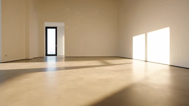 Empty Modern Room with Sunlight - A bright and spacious empty room features beige walls and a polished concrete floor.