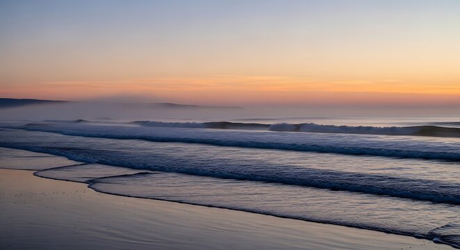 Tranquil ocean view with soft waves breaking on shore under a hazy sunrise - Powered by Adobe