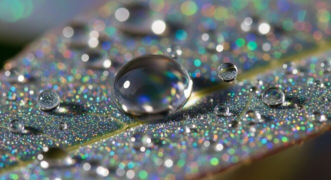 Macro shot of fresh water droplets on a sparkling leaf with vibrant bokeh - Powered by Adobe