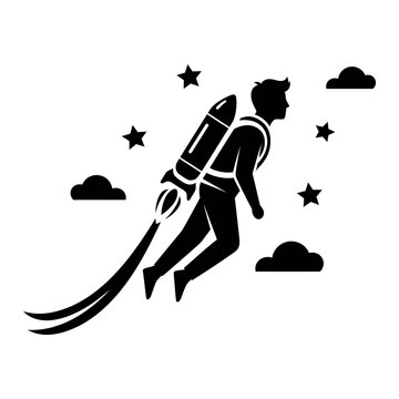 Bold black silhouette of a person soaring upward with a jetpack isolated on white background