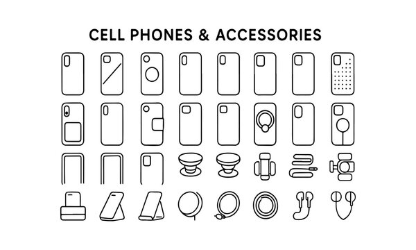 Collection of cell phone cases and accessories line art