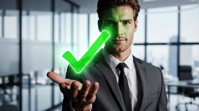 Business Approval - A businessman in a suit is presenting a glowing green checkmark over his open palm in a modern office setting. The checkmark symbolises agreement or success.
