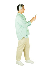 Profilew view of a man listening to music watching smartphone