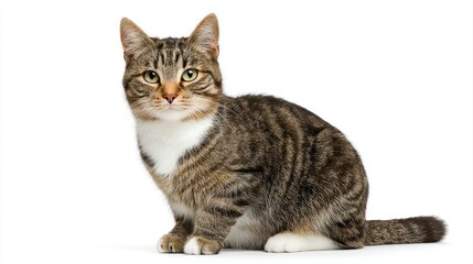 Studio portrait of a sitting tabby cat looking forward against a white back ground