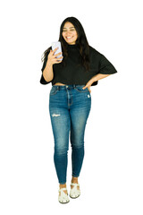 Happy young woman using smartphone smiling on white background