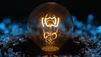 Broken light bulb glass fragments are scattered on a dark surface, glowing with vibrant blue light, symbolizing destruction, innovation failure, or a scientific breakthrough