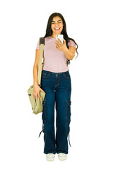 Female student laughing using smartphone on white background