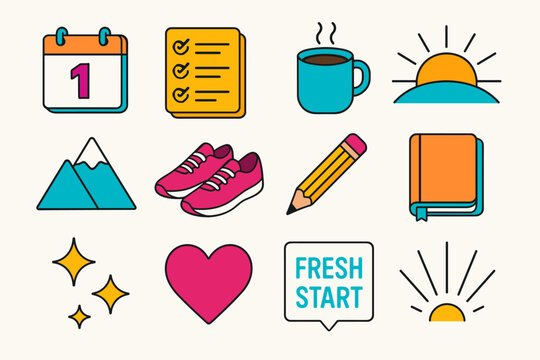Fresh Start Icons. Fresh Start Vibes modern flat icon set: calendar page, checklist, coffee mug, sunrise horizon, mountain peak, sneakers, pencil, notebook, sparkles, heart icon,
