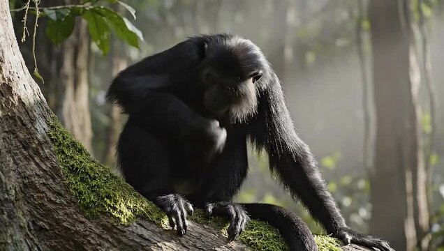 monkey day black sits peacefully on mossy tree branch jungle