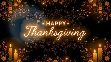 A vibrant "Happy Thanksgiving" graphic with neon-style glowing orange script text, centered between lit candles and framed by a dark, intricate border of twinkling lights and fall floral designs.