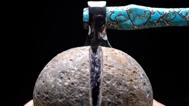 Axe head applying pressure onto a rough, textured spherical stone, illustrating concepts of strength, durability, impact, and friction against a dark background