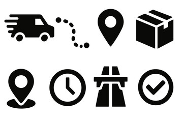 Brutalist Delivery Icons. Delivery Van Route bold vector icon set: van in motion, dotted path, GPS marker, delivery box, map pin, clock icon, highway sign, arrival check.