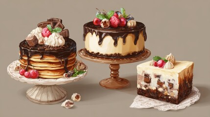 Set of sweets and desserts .chocolate pancakes, cheesecakes and chocolate slice cake.