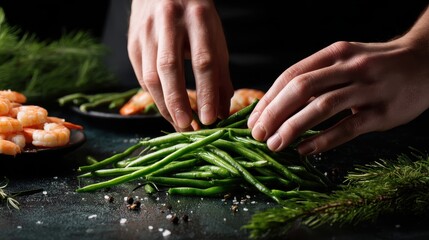 Seafood, Professional cook prepares shrimps with sprigg beans. Cooking seafood, healthy vegetarian food and food on a dark background. Horizontal view. Eastern kitchen