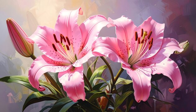 Beautiful pink lilies floral art painting perfect for background and decoration