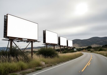 Billboards lining winding road leading to mountains showcasing advertising potential outdoor