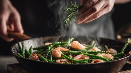Seafood, Professional cook prepares shrimps with sprigg beans. Cooking seafood, healthy vegetarian food and food on a dark background. Horizontal view. Eastern kitchen
