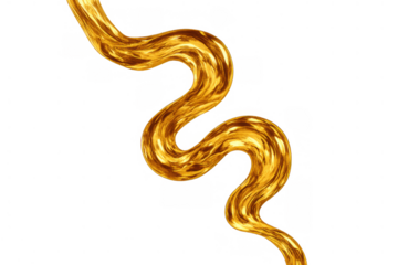 Golden liquid stream flowing abstractly, winding shiny wavy golden fluid with transparent background for design