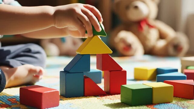 Child Playing with Colorful Wooden Blocks - A young child's hands are shown carefully stacking colorful wooden blocks to build a structure.