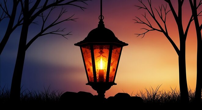 Lantern at Dusk light sunset silhouette trees grass vintage retro sky night evening orange blue twilight landscape nature outdoor scene